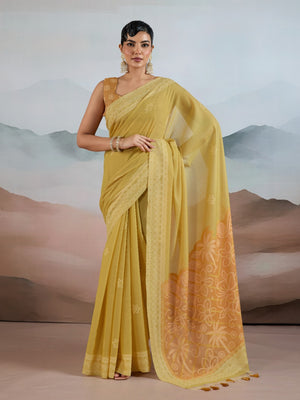 Yellow Pure Viscose Cotton Handloom Weaving Saree With Blouse Piece