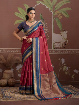 Maroon Tussar Silk Handloom Weaving Saree With Blouse Piece