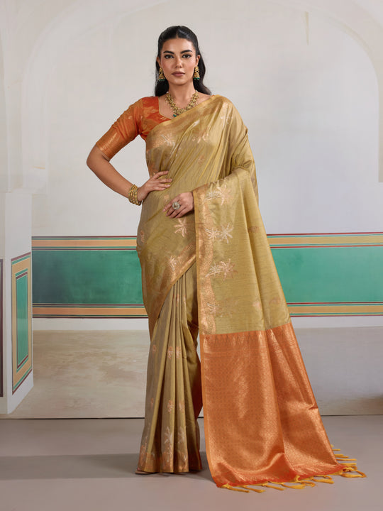 Grey Tussar Silk Handloom Weaving Saree With Blouse Piece