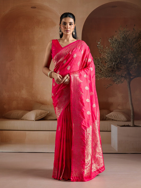 Rani Handloom Weaving Silk Saree With Blouse Piece
