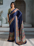 Blue Printed Ajarakh Satin Crepe Saree With Blouse Piece