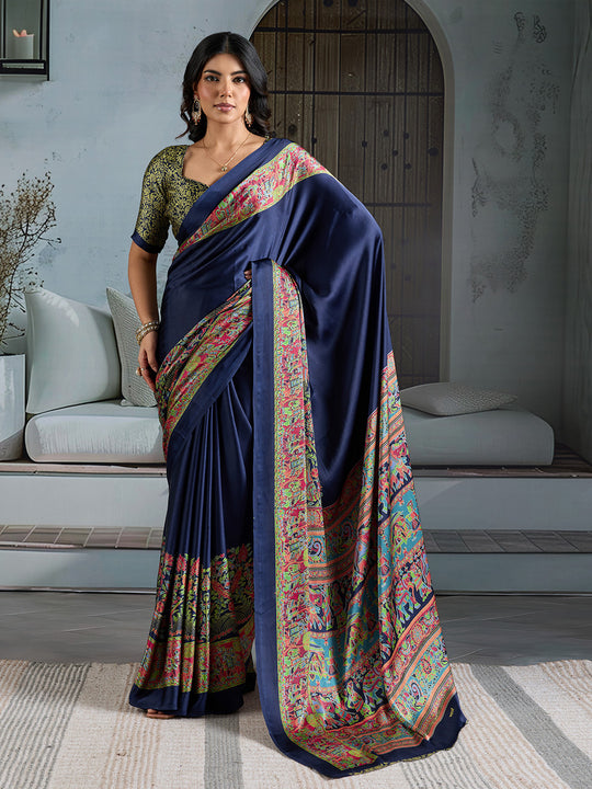 Blue Printed Ajarakh Satin Crepe Saree With Blouse Piece