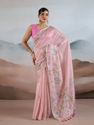 Pink Handloom Zari Tissue - Brasso Weaving Saree With Blouse Piece