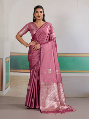 Pink Pure Satin Handloom Weaving Saree With Blouse Piece