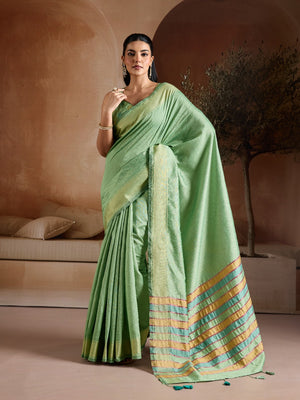 Green Handwoven Bhagalpuri Weaving With Multi Pallu & Blouse Saree With Blouse Piece