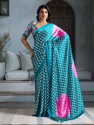 Rama Printed Ajarakh Satin Crepe Saree With Blouse Piece