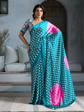 Rama Printed Ajarakh Satin Crepe Saree With Blouse Piece