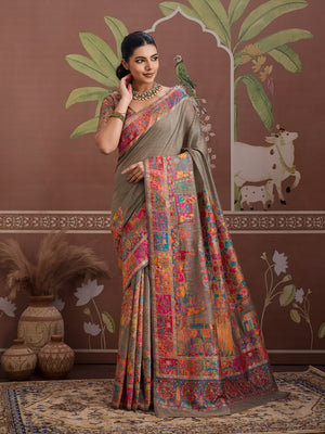 Grey Modal Cotton Pashmina Weaving Saree With Blouse Piece