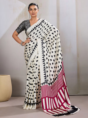 White Printed Ajarakh Satin Crepe Saree With Blouse Piece