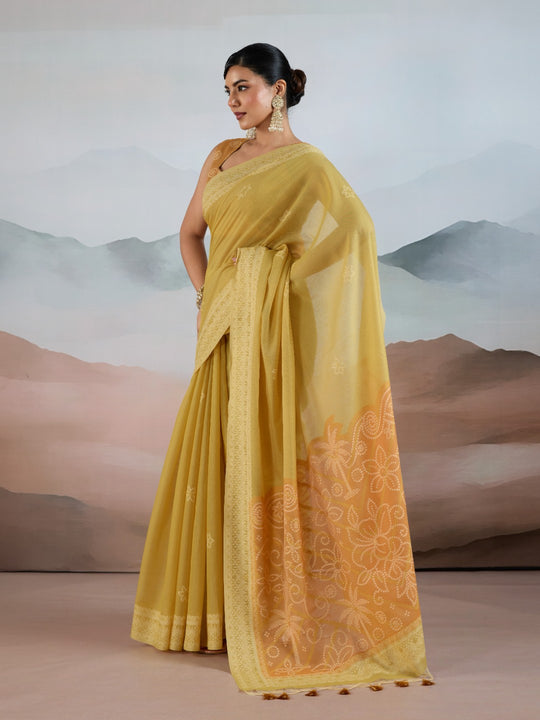 Yellow Pure Viscose Cotton Handloom Weaving Saree With Blouse Piece