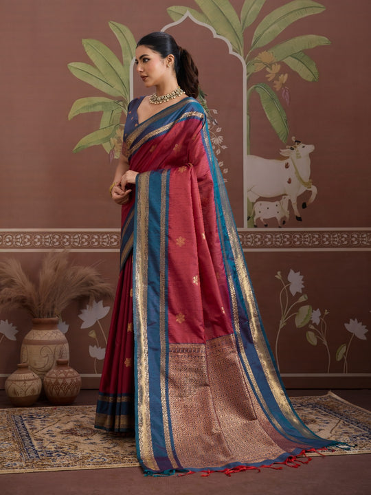 Maroon Tussar Silk Handloom Weaving Saree With Blouse Piece