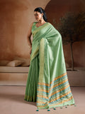 Green Handwoven Bhagalpuri Weaving With Multi Pallu & Blouse Saree With Blouse Piece