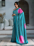 Rama Printed Ajarakh Satin Crepe Saree With Blouse Piece