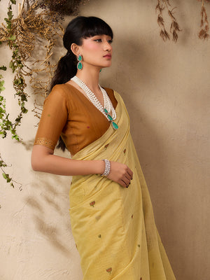 Yellow Munga Cotton Handloom Weaving Saree With Blouse Piece