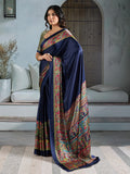 Blue Printed Ajarakh Satin Crepe Saree With Blouse Piece