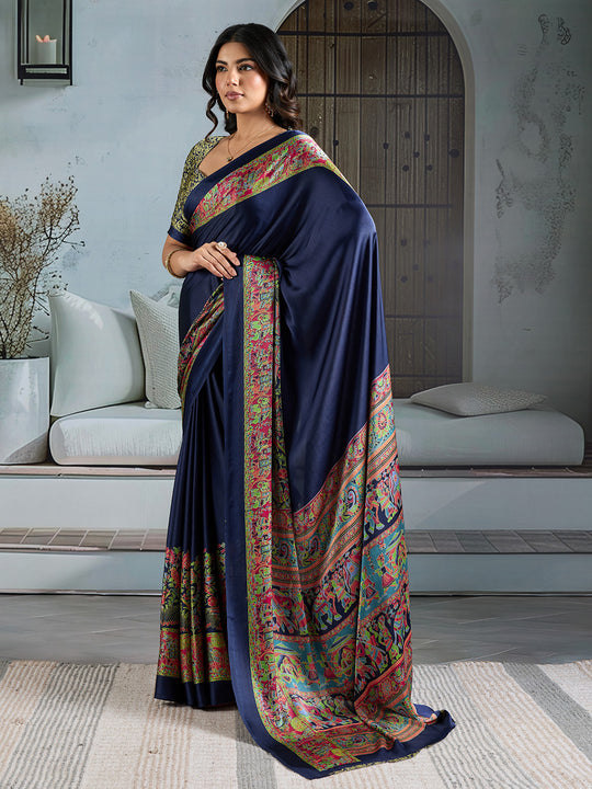 Blue Printed Ajarakh Satin Crepe Saree With Blouse Piece