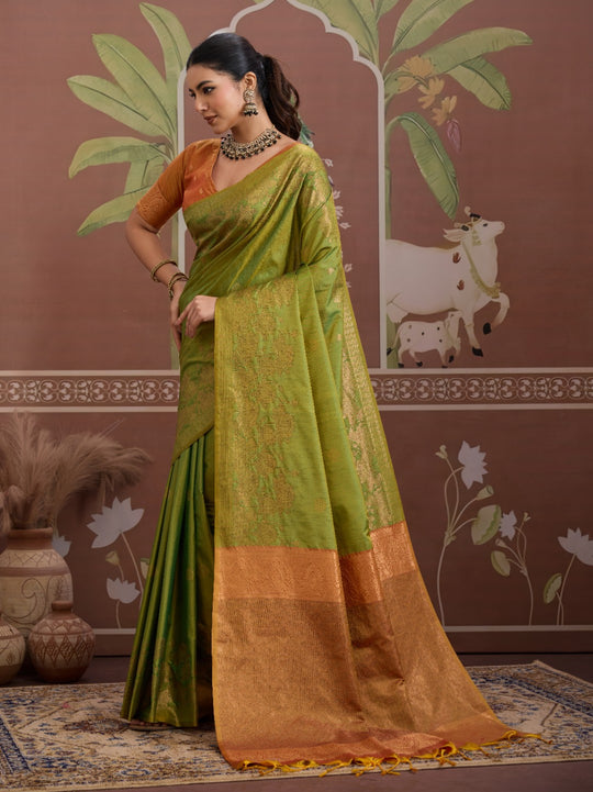 Green Tussar Silk Handloom Weaving Saree With Blouse Piece