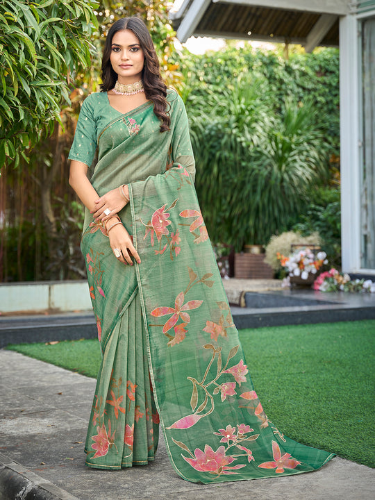 Teal Tissue Festive Wear Saree With Blouse Piece