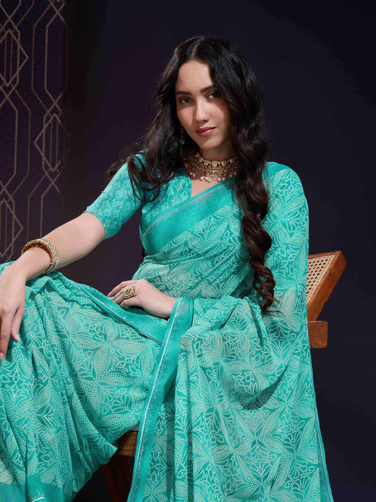 Turquoise Green Georgette Swarovski Stone Embellished Printed Saree With Blouse Piece