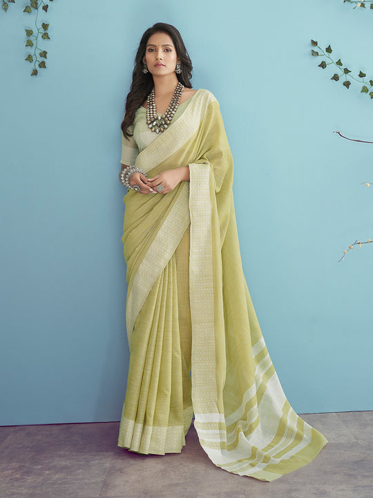 Lime Yellow Soft Linen Silk With Chikankari Weaved Border Saree With Blouse Piece