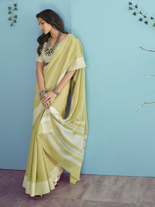 Lime Yellow Soft Linen Silk With Chikankari Weaved Border Saree With Blouse Piece