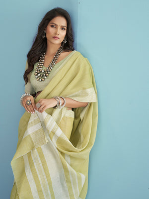 Lime Yellow Soft Linen Silk With Chikankari Weaved Border Saree With Blouse Piece