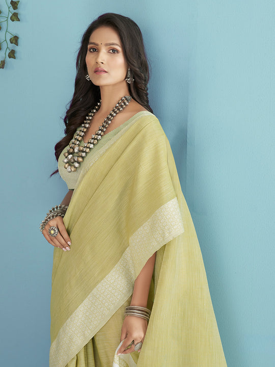 Lime Yellow Soft Linen Silk With Chikankari Weaved Border Saree With Blouse Piece