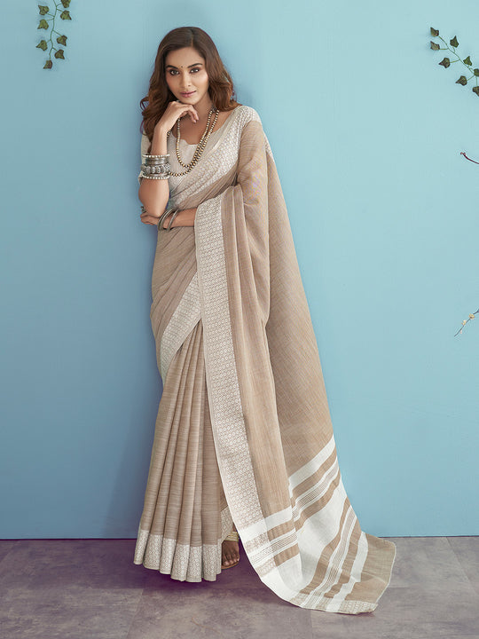 Beige Or Fawn Soft Linen Silk With Chikankari Weaved Border Saree With Blouse Piece