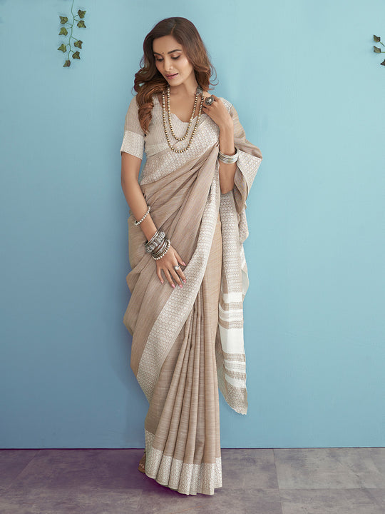 Beige Or Fawn Soft Linen Silk With Chikankari Weaved Border Saree With Blouse Piece