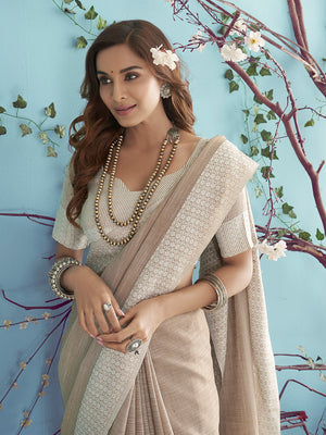 Beige Or Fawn Soft Linen Silk With Chikankari Weaved Border Saree With Blouse Piece
