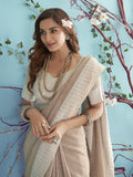 Beige Or Fawn Soft Linen Silk With Chikankari Weaved Border Saree With Blouse Piece