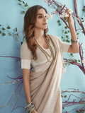 Beige Or Fawn Soft Linen Silk With Chikankari Weaved Border Saree With Blouse Piece