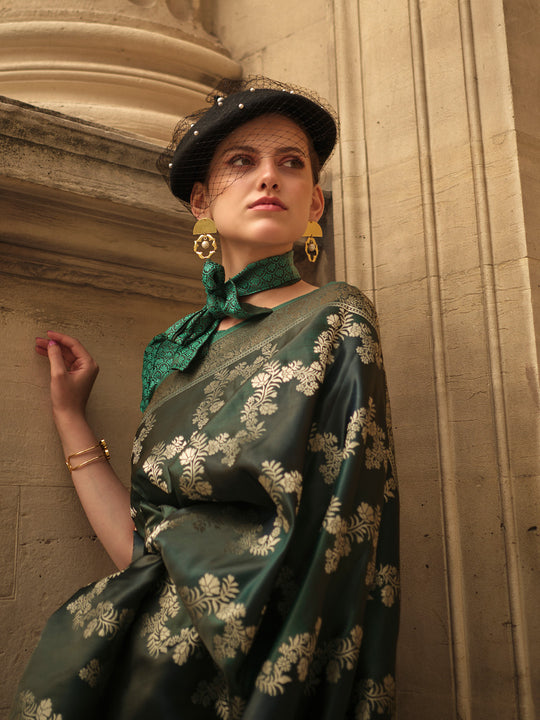 Green Satin Saree With Blouse Piece