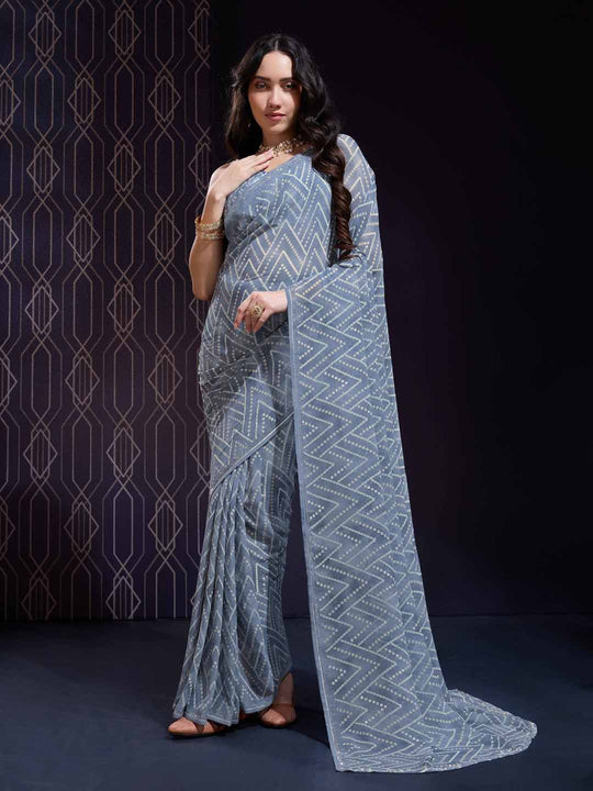 Grey Georgette Swarovski Stone Embellished Printed Saree With Blouse Piece