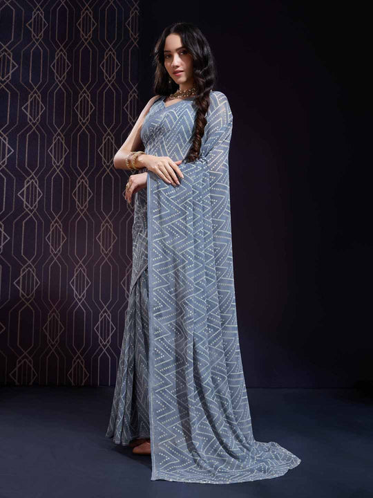 Grey Georgette Swarovski Stone Embellished Printed Saree With Blouse Piece