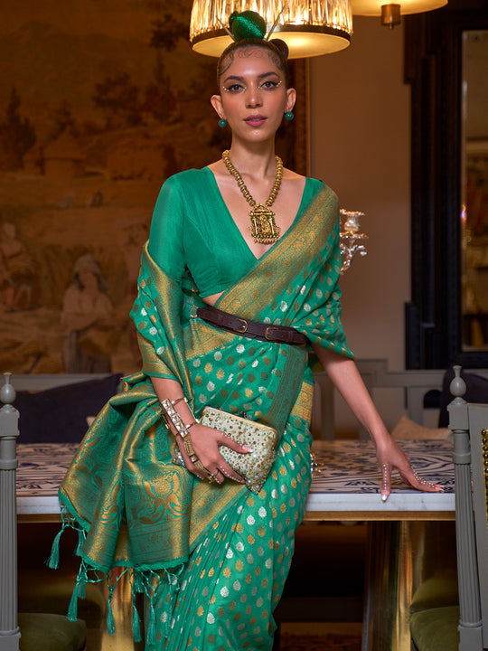 Green Khadi Copper Zari Saree With Blouse Piece