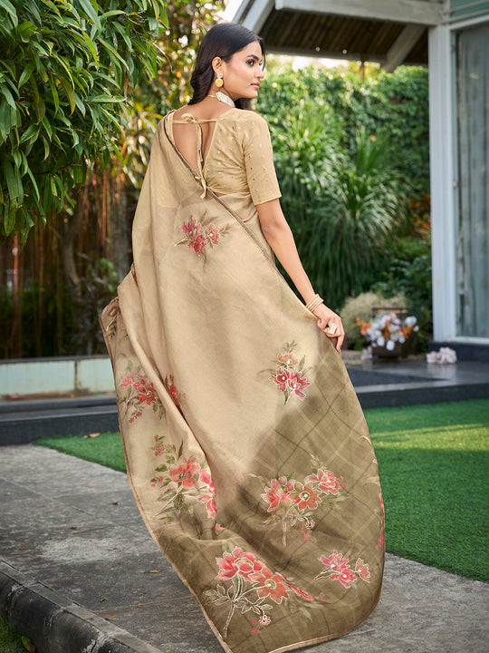 Beige Tissue Festive Wear Saree With Blouse Piece