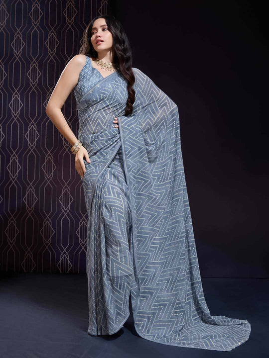 Grey Georgette Swarovski Stone Embellished Printed Saree With Blouse Piece