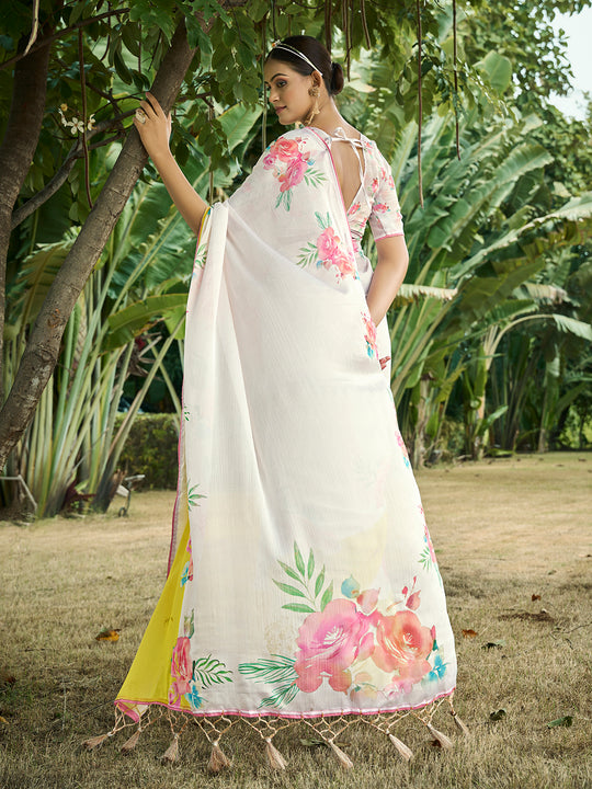 Cream Poly Chiffon Daily Wear Saree With Blouse Piece