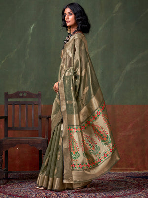 Green Paithani Tissue Saree With Blouse Piece