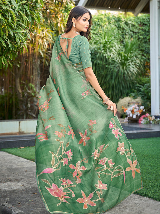 Teal Tissue Festive Wear Saree With Blouse Piece