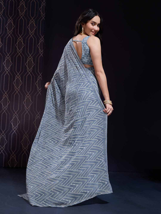 Grey Georgette Swarovski Stone Embellished Printed Saree With Blouse Piece