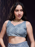 Grey Georgette Swarovski Stone Embellished Printed Saree With Blouse Piece