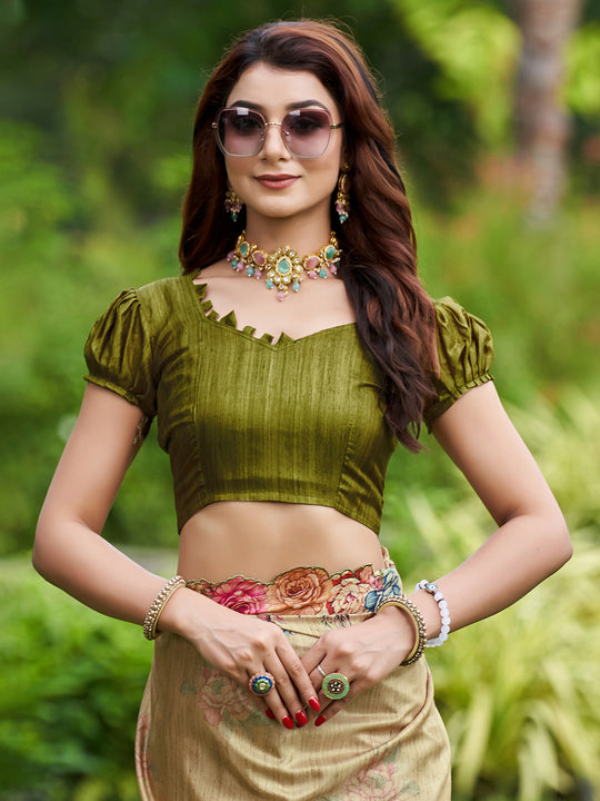 Cream Silk Blend Festive Saree With Blouse Piece