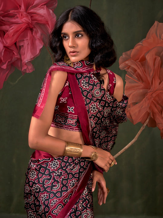 Red Printed Ajarakh - Satin Crepe Saree With Blouse Piece