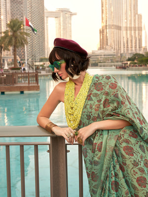 Green Printed Zari Tissue Saree With Blouse Piece