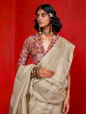 Cream Pure Self Zari Tissue Handloom Silk Saree With Blouse Piece
