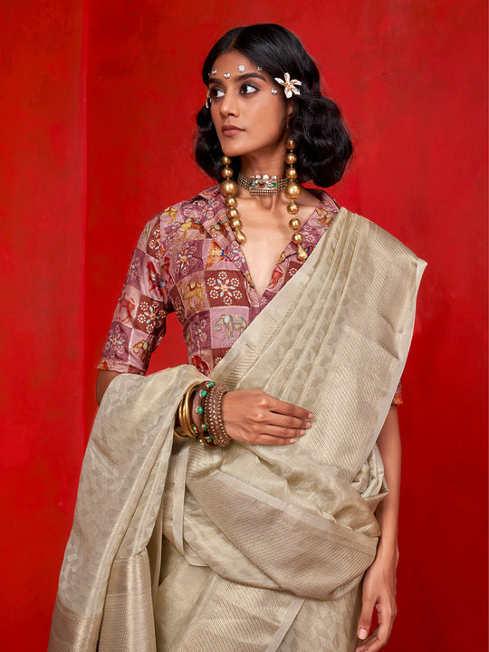 Cream Pure Self Zari Tissue Handloom Silk Saree With Blouse Piece