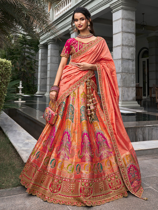 Orange & Pink Banarasi Silk Semi Stitched Lehenga