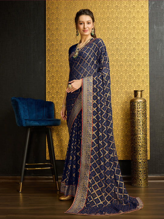 Navy Blue Georgette Daily Wear Saree With Blouse Piece